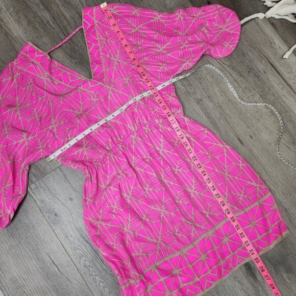Alice Trixie Hot Pink With Gold Geo Print Silk V Neck Tunic Mini Dress Size S - Picture 11 of 12